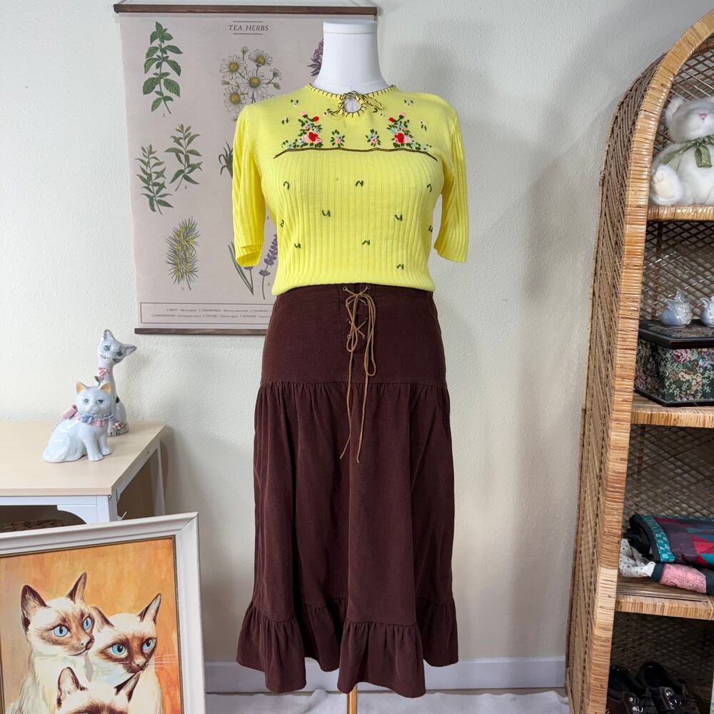 90s Y2k Corduroy Lace Up Midi Skirt Cottage Forest Coastal Cowgirl Fairy Boho L
